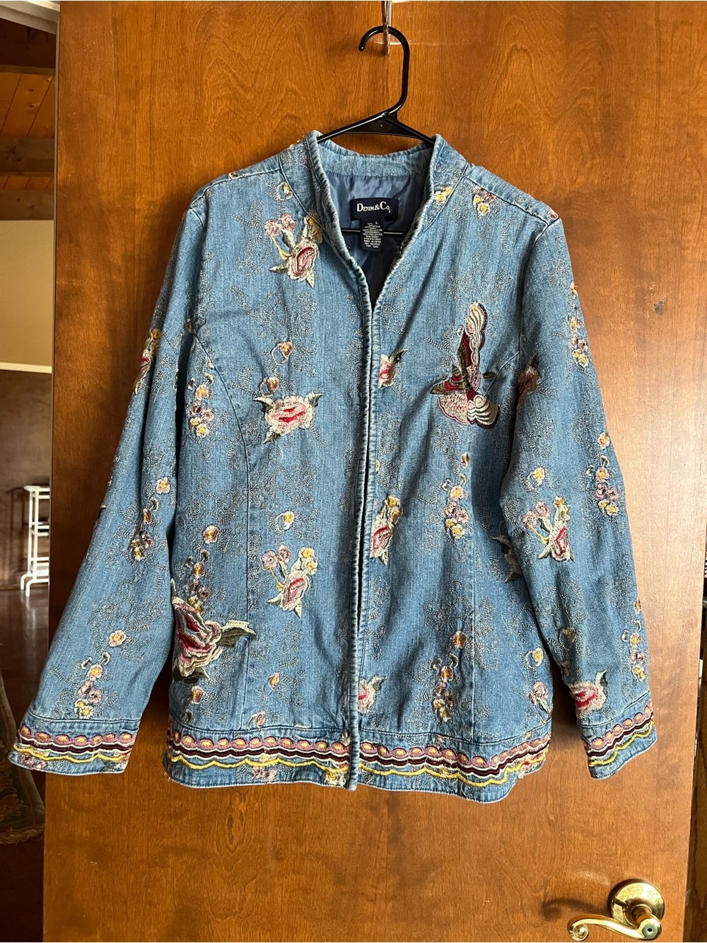 Denim&Co Blue Embroidered Floral Jean Jacket